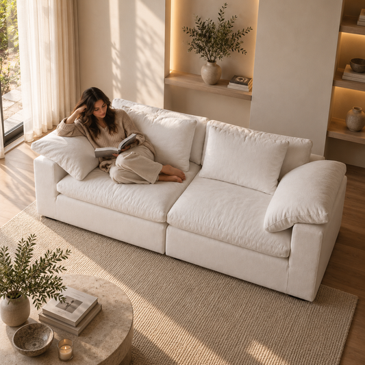 Femme lisant sur un canapé 2 places blanc, vue de dessus