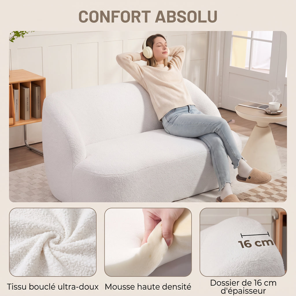 Détails du canapé bouclette : tissu bouclé ultra-doux, mousse haute densité, dossier de 16 cm