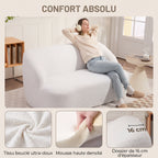 Détails du canapé bouclette : tissu bouclé ultra-doux, mousse haute densité, dossier de 16 cm