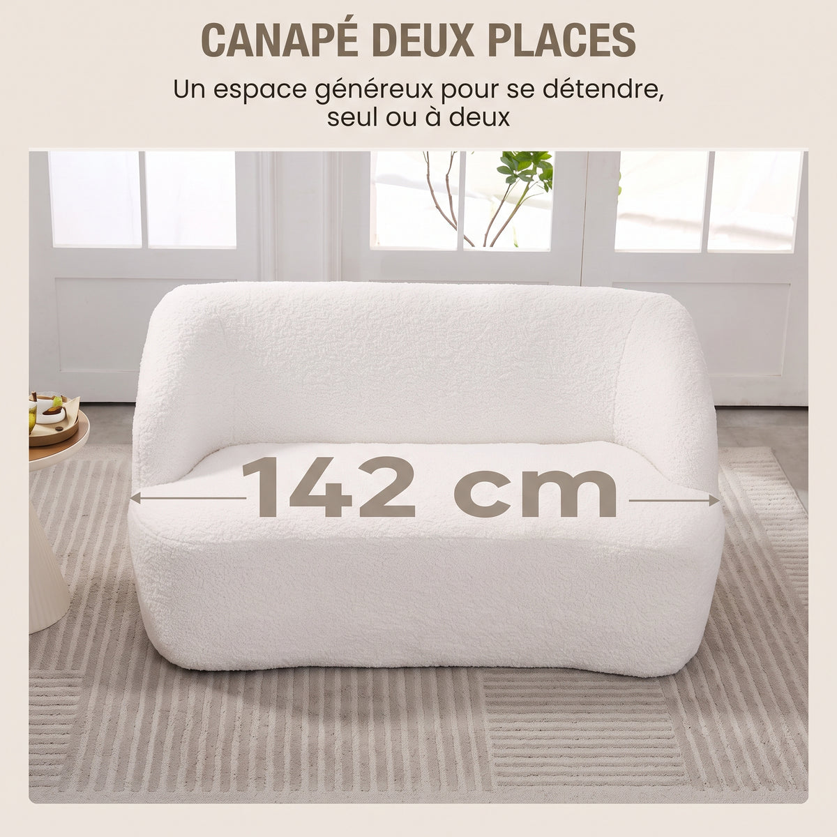 Dimensions du canapé 2 places bouclette crème : 142 cm de large