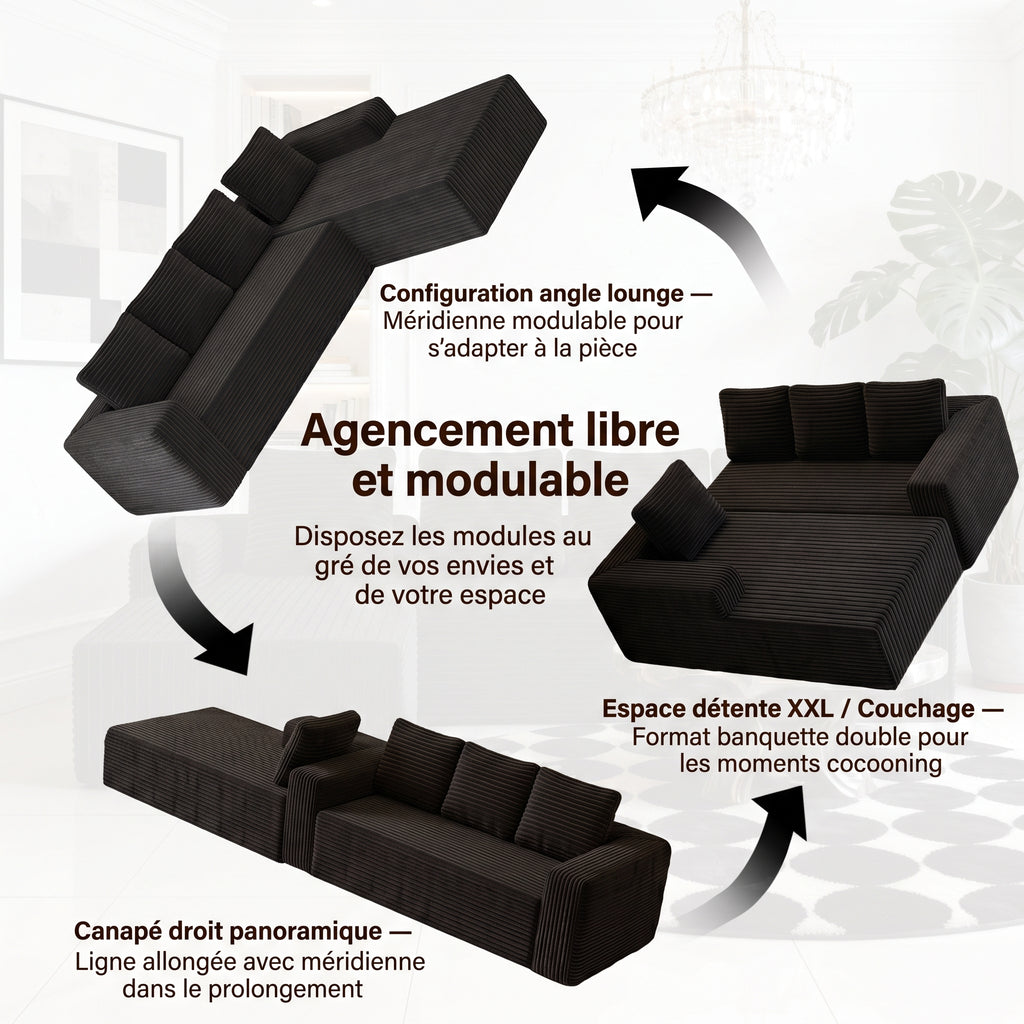 Configurations du canapé modulable : angle, banquette XXL ou canapé droit