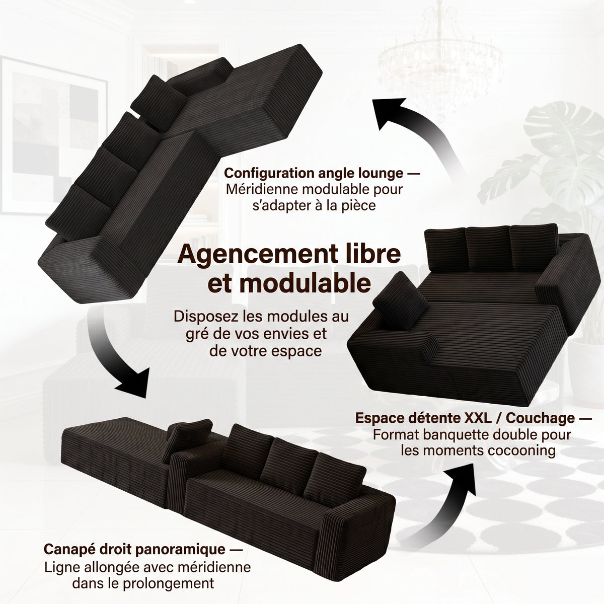 Configurations du canapé modulable : angle, banquette XXL ou canapé droit
