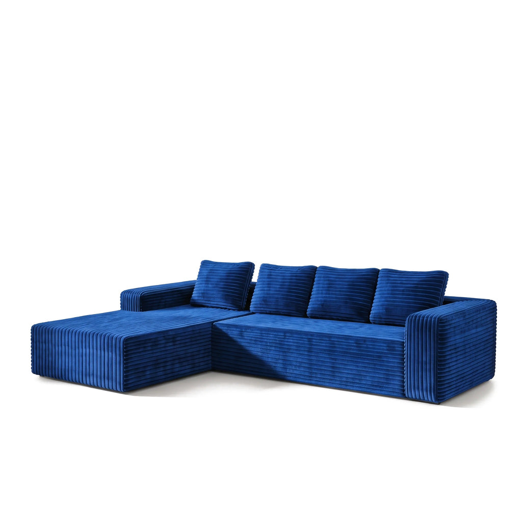 Canapé d'angle modulable en velours côtelé bleu avec méridienne, sur fond blanc