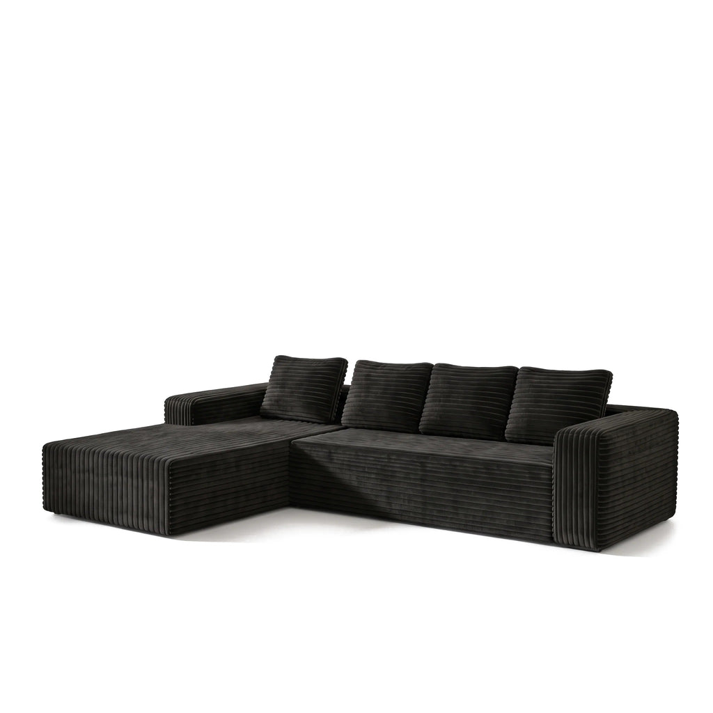Canapé d'angle modulable en velours côtelé noir avec méridienne, sur fond blanc