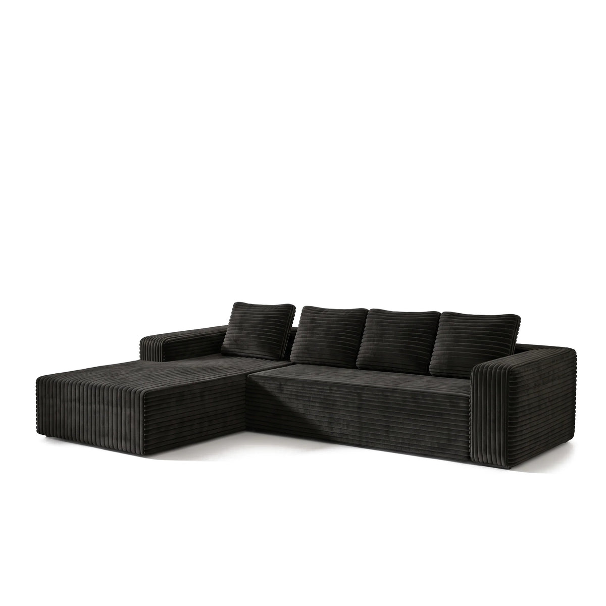 Canapé d'angle modulable en velours côtelé noir avec méridienne, sur fond blanc