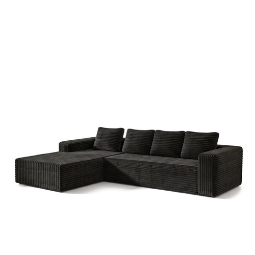Canapé d'angle modulable en velours côtelé noir avec méridienne, sur fond blanc