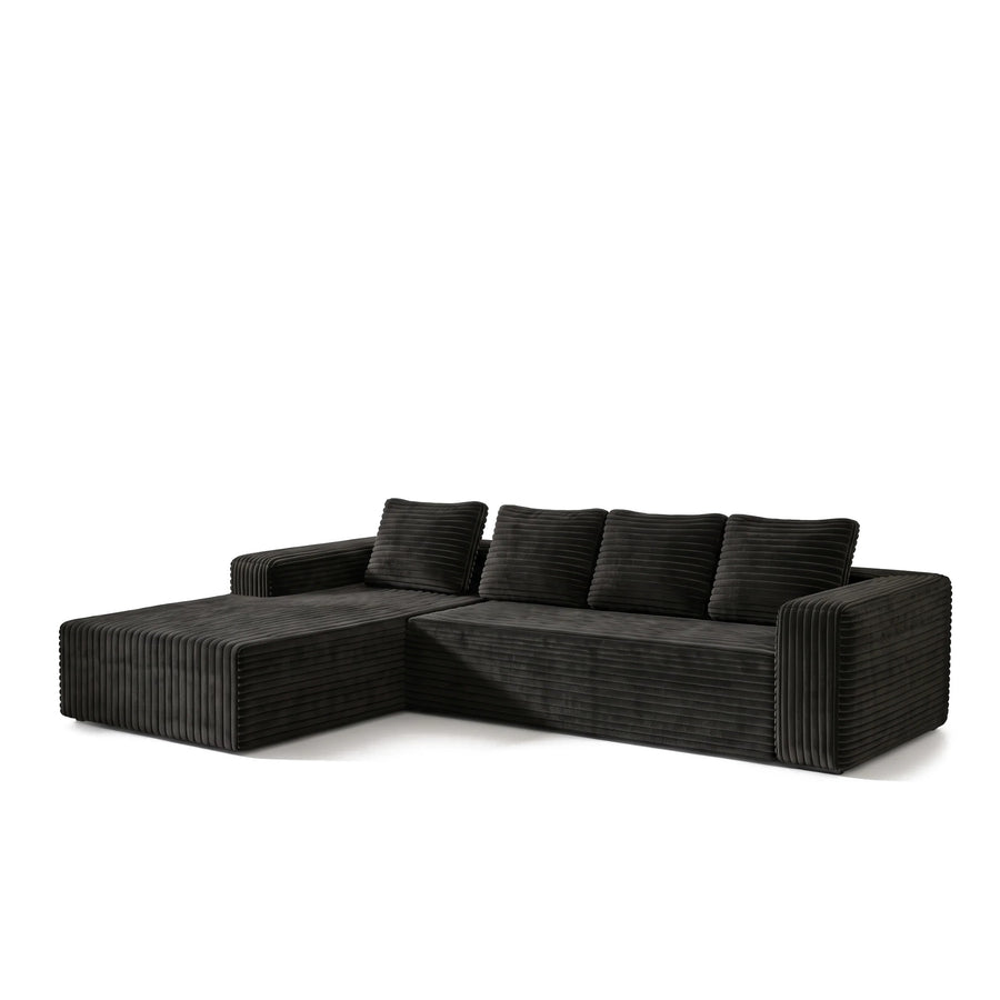 Canapé d'angle modulable en velours côtelé noir avec méridienne, sur fond blanc