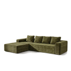 Canapé d'angle modulable en velours côtelé vert olive avec méridienne, sur fond blanc