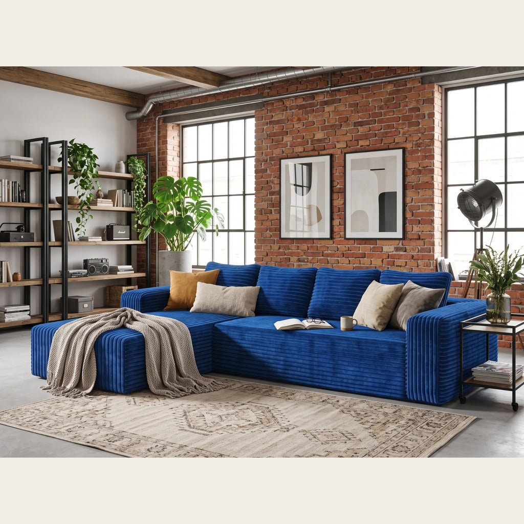 Canapé d'angle velours côtelé bleu dans un loft aux murs de briques