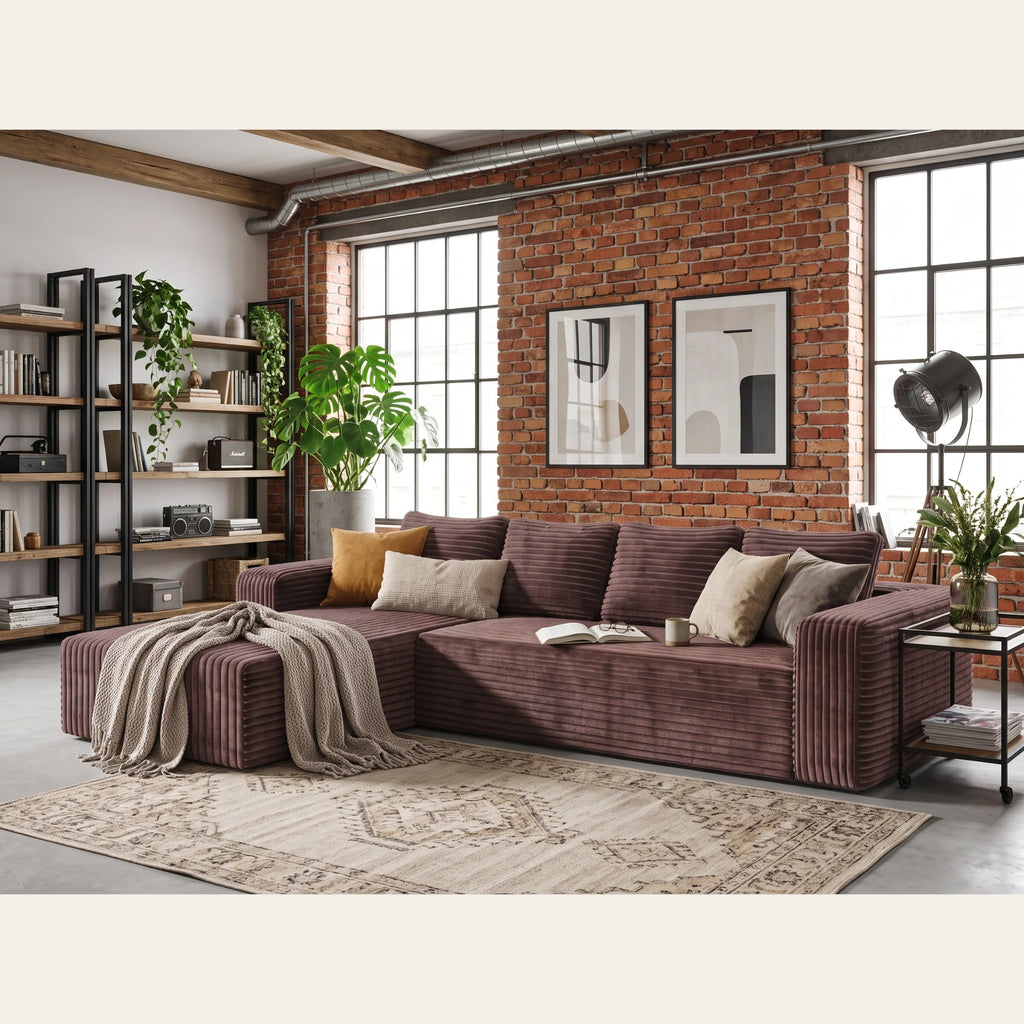 Canapé d'angle velours côtelé marron dans un loft lumineux