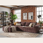 Canapé d'angle velours côtelé marron dans un loft lumineux
