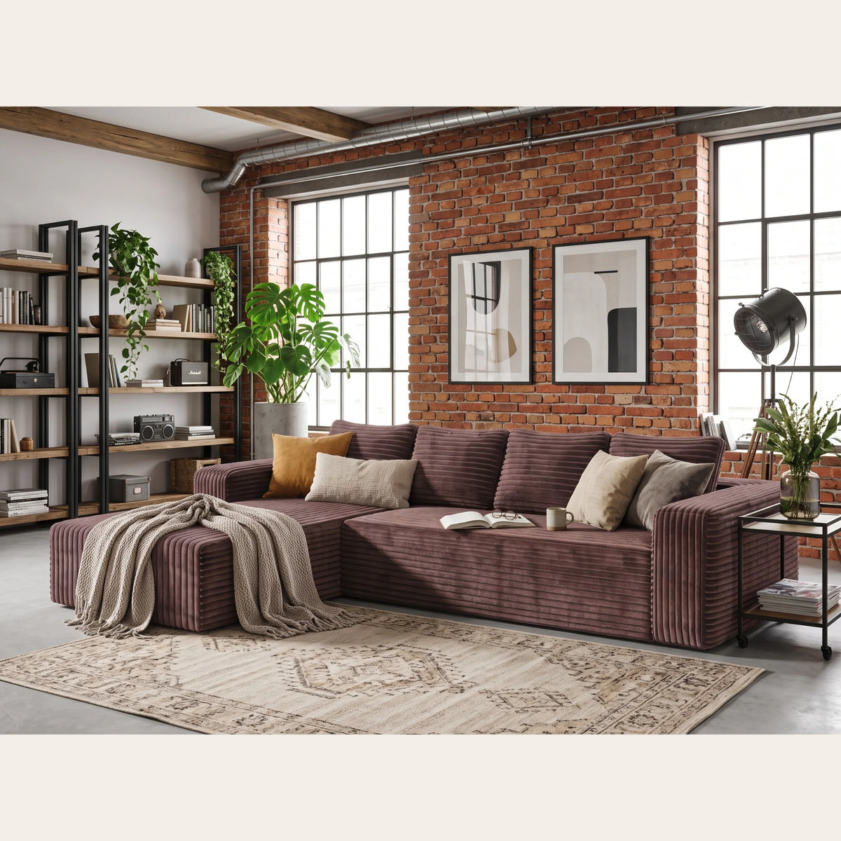 Canapé d'angle velours côtelé marron dans un loft lumineux