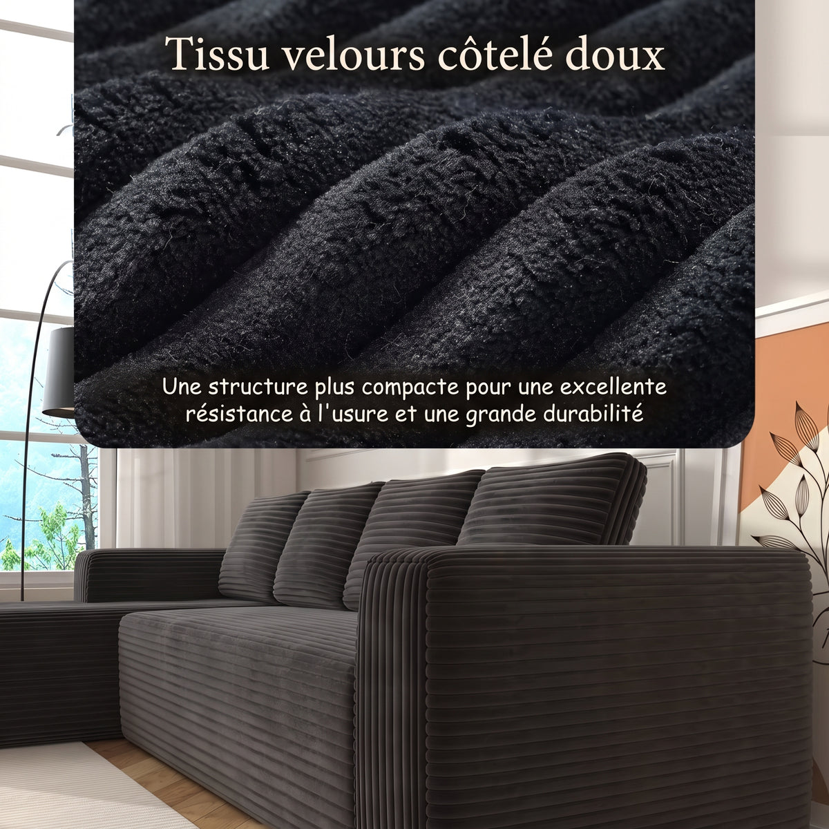 Gros plan sur le velours côtelé doux du canapé d'angle