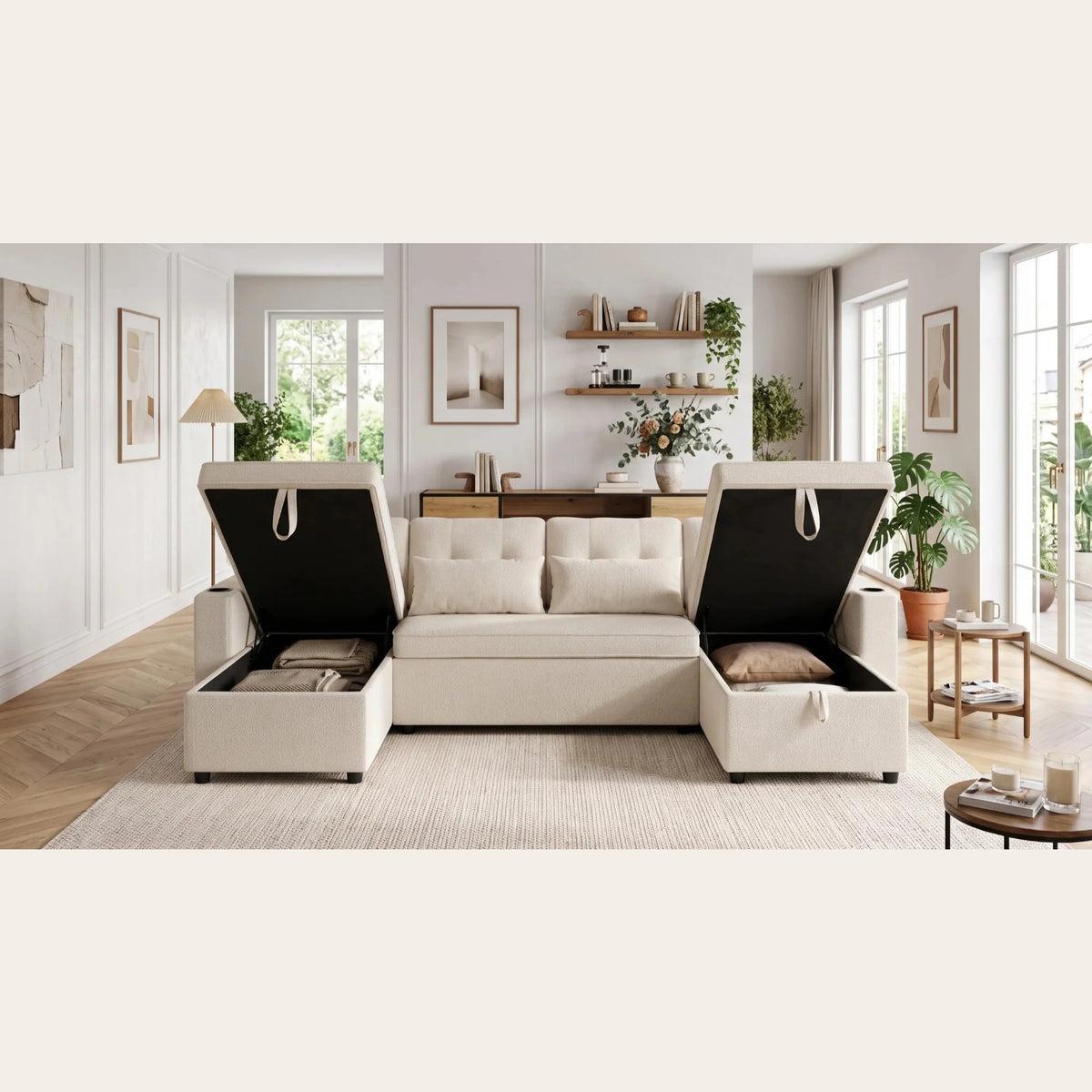 Canapé en U beige avec ses deux coffres de rangement ouverts