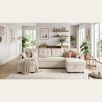 Canapé d'angle en U beige dans un salon clair avec plaid et coussins