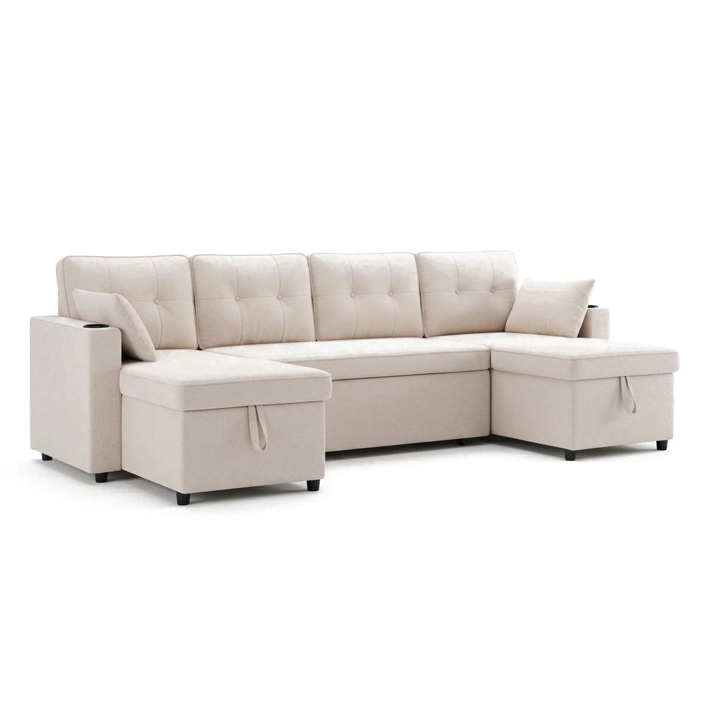 Canapé-lit d'angle en U beige avec coffres de rangement, sur fond blanc