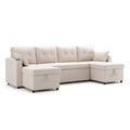 Canapé-lit d'angle en U beige avec coffres de rangement, sur fond blanc