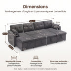 Dimensions du canapé-lit en U : 270 x 130 x 86 cm, méridiennes de 65 cm, assise extensible de 122 cm