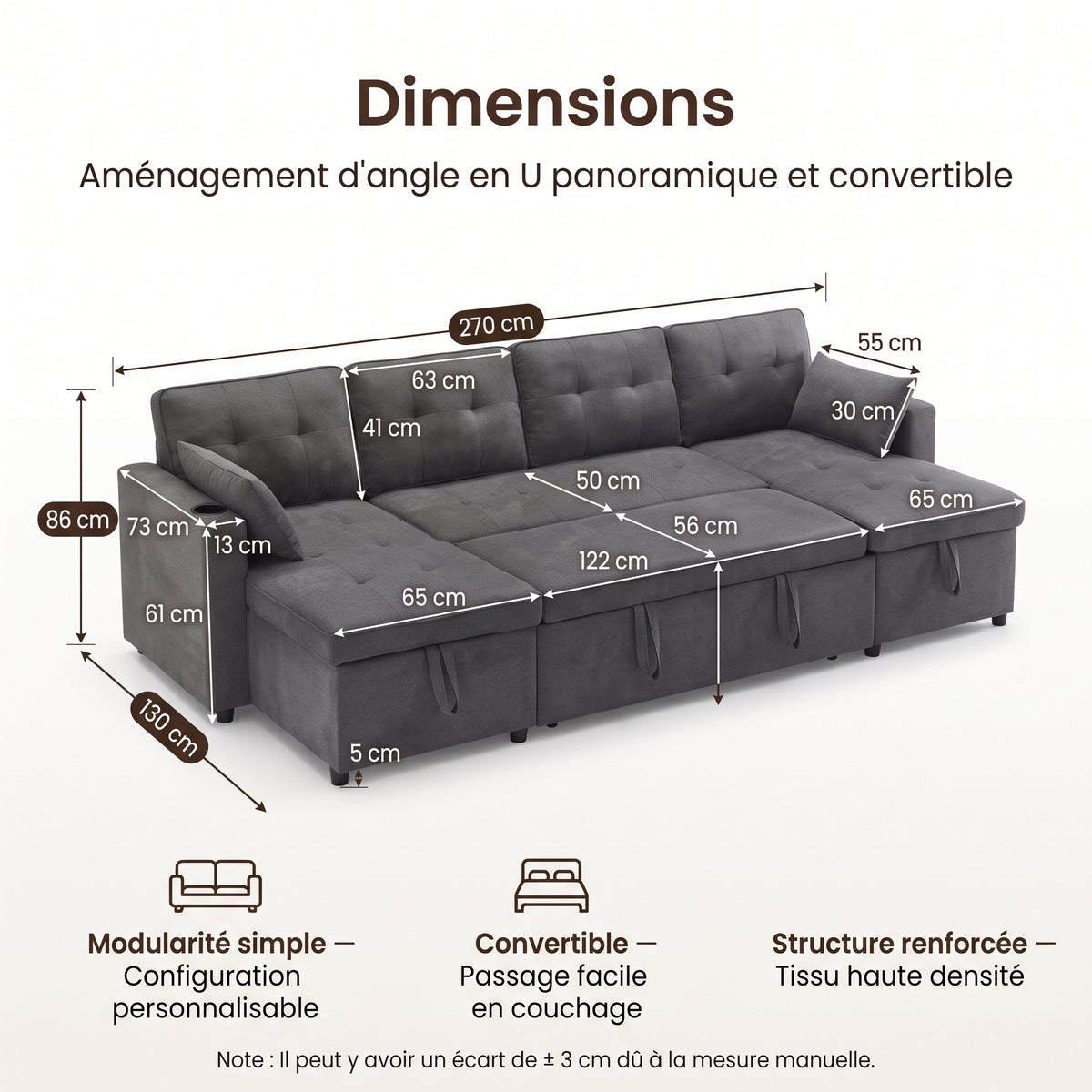 Dimensions du canapé-lit en U : 270 x 130 x 86 cm, méridiennes de 65 cm, assise extensible de 122 cm