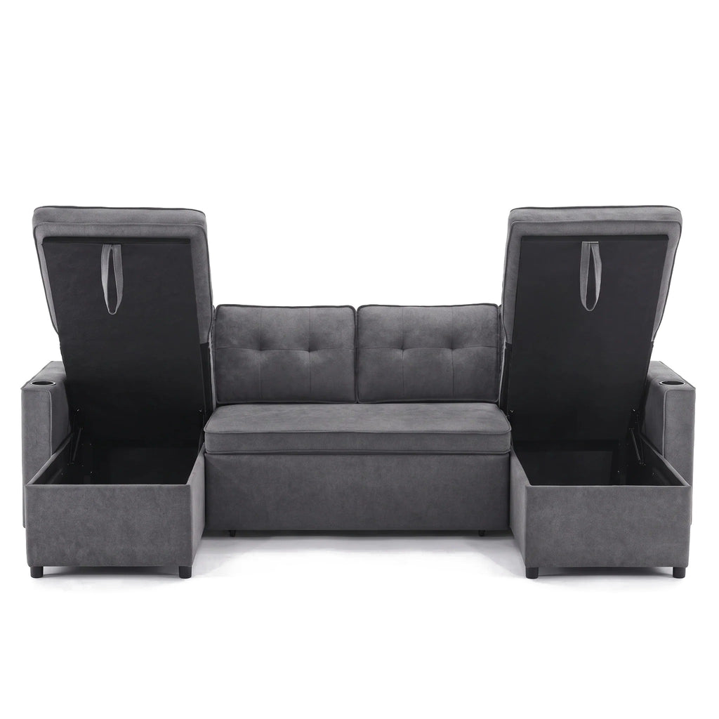 Canapé-lit d'angle en U gris anthracite avec ses deux coffres de rangement ouverts, sur fond blanc
