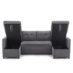 Canapé-lit d'angle en U gris anthracite avec ses deux coffres de rangement ouverts, sur fond blanc