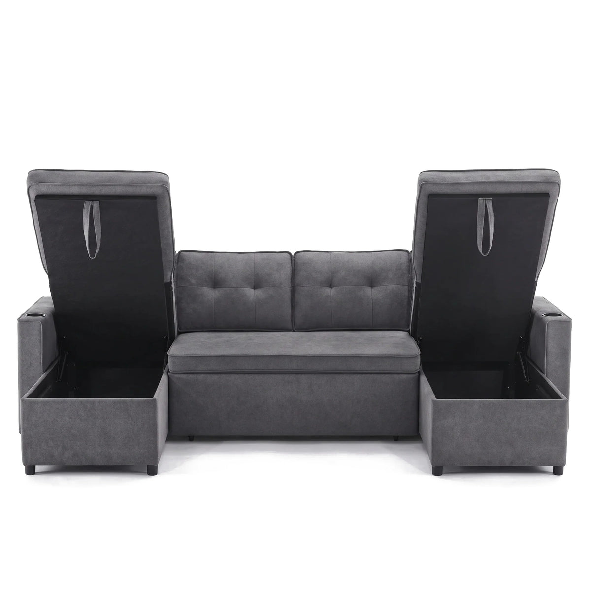 Canapé-lit d'angle en U gris anthracite avec ses deux coffres de rangement ouverts, sur fond blanc