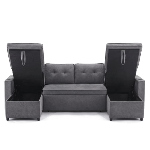 Canapé-lit d'angle en U gris anthracite avec ses deux coffres de rangement ouverts, sur fond blanc