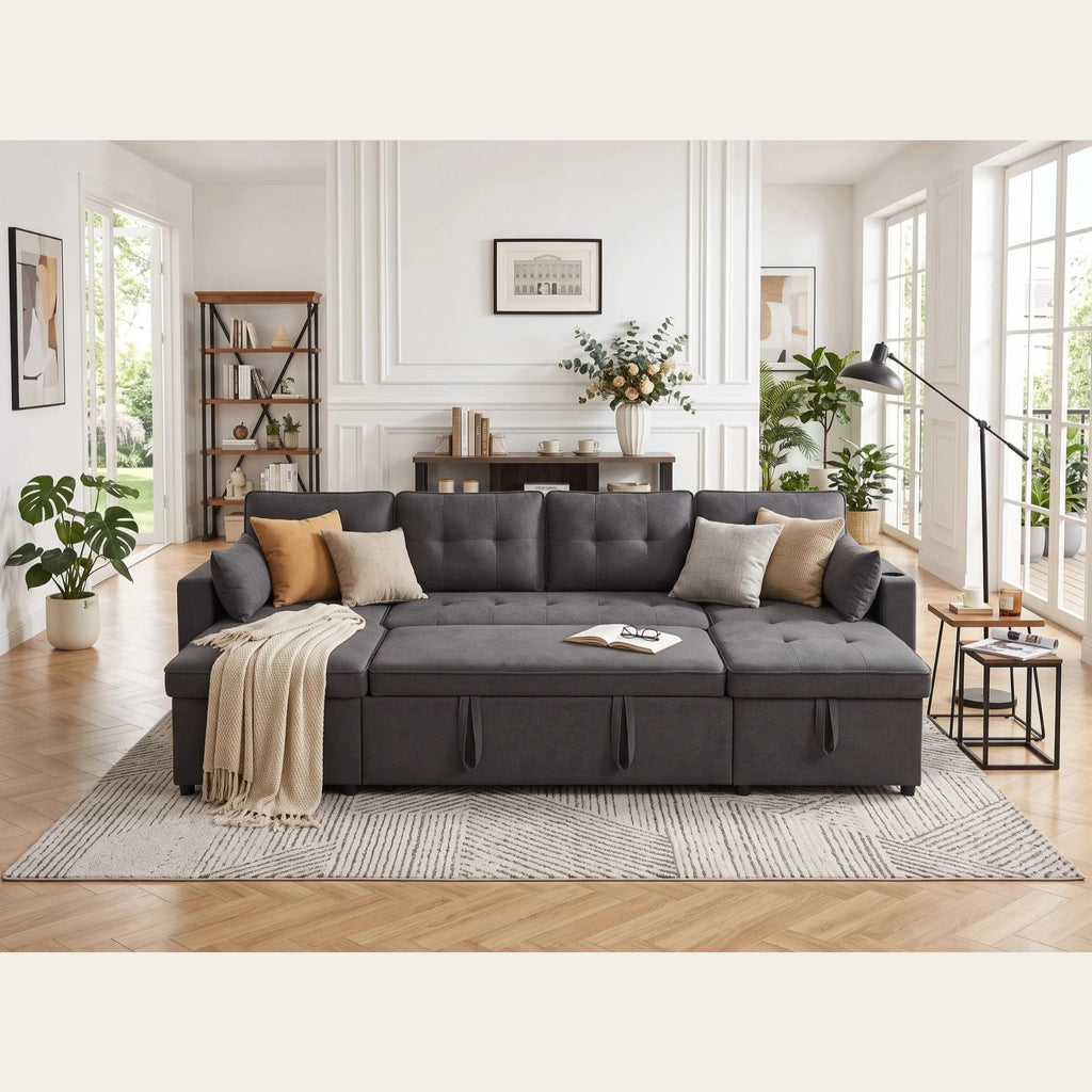 Canapé-lit en U gris anthracite avec coussins décoratifs et plaid dans un séjour