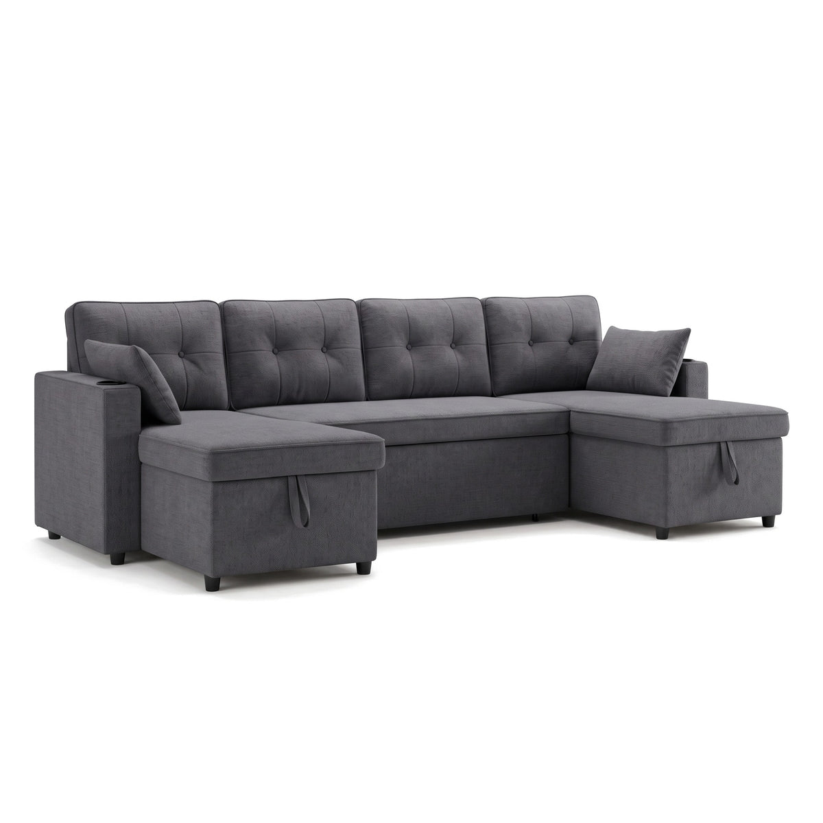 Canapé-lit d'angle en U gris anthracite avec méridiennes et coffres, vue de trois quarts sur fond blanc