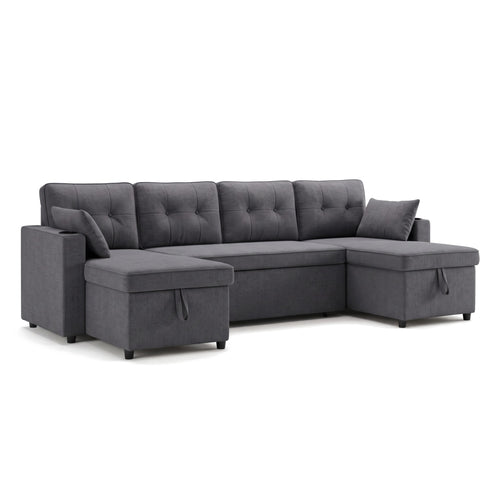 Canapé-lit d'angle en U gris anthracite avec méridiennes et coffres, vue de trois quarts sur fond blanc