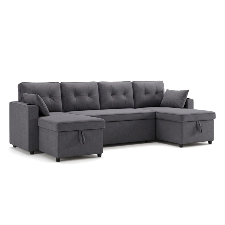 Canapé-lit d'angle en U gris anthracite avec méridiennes et coffres, vue de trois quarts sur fond blanc