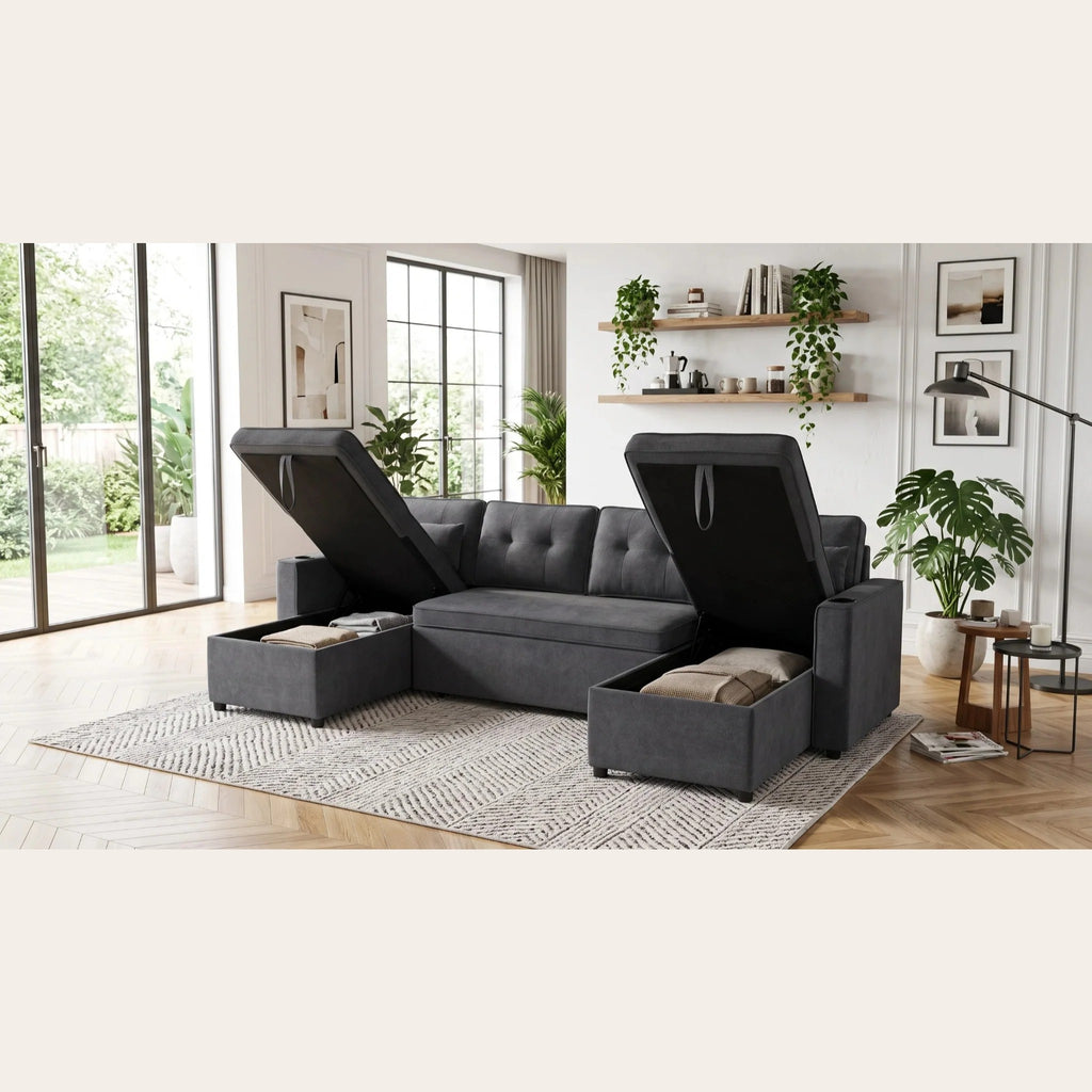 Coffres de rangement ouverts sous les méridiennes du canapé en U gris anthracite