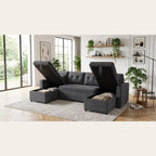 Coffres de rangement ouverts sous les méridiennes du canapé en U gris anthracite