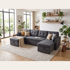 Grand canapé d'angle en U gris anthracite dans un salon familial