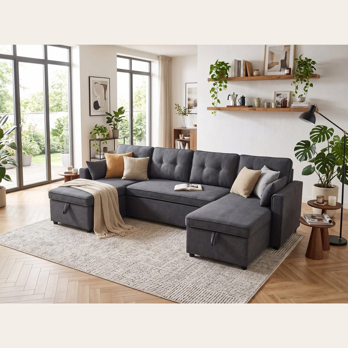 Grand canapé d'angle en U gris anthracite dans un salon familial