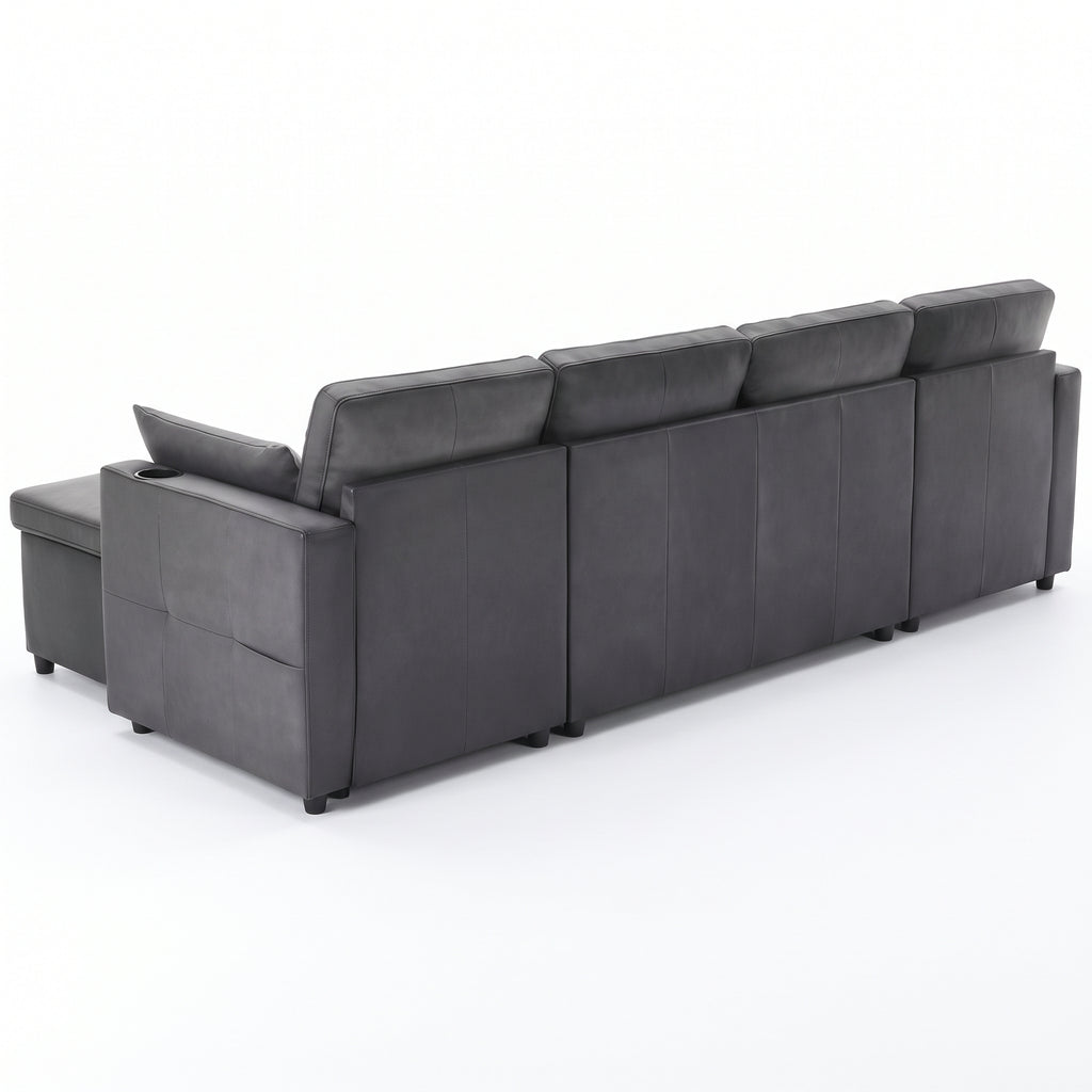 Vue arrière du canapé-lit en U gris anthracite, sur fond blanc