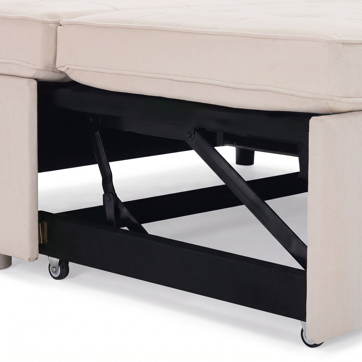 Mécanisme du couchage : l'assise centrale se tire sur roulettes