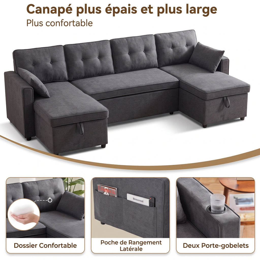 Détails du canapé en U : dossier épais, poches latérales et deux porte-gobelets intégrés