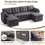 Détails du canapé en U : dossier épais, poches latérales et deux porte-gobelets intégrés