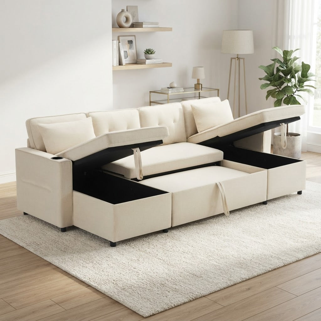 Coffres de rangement ouverts sous les méridiennes du canapé-lit en U beige