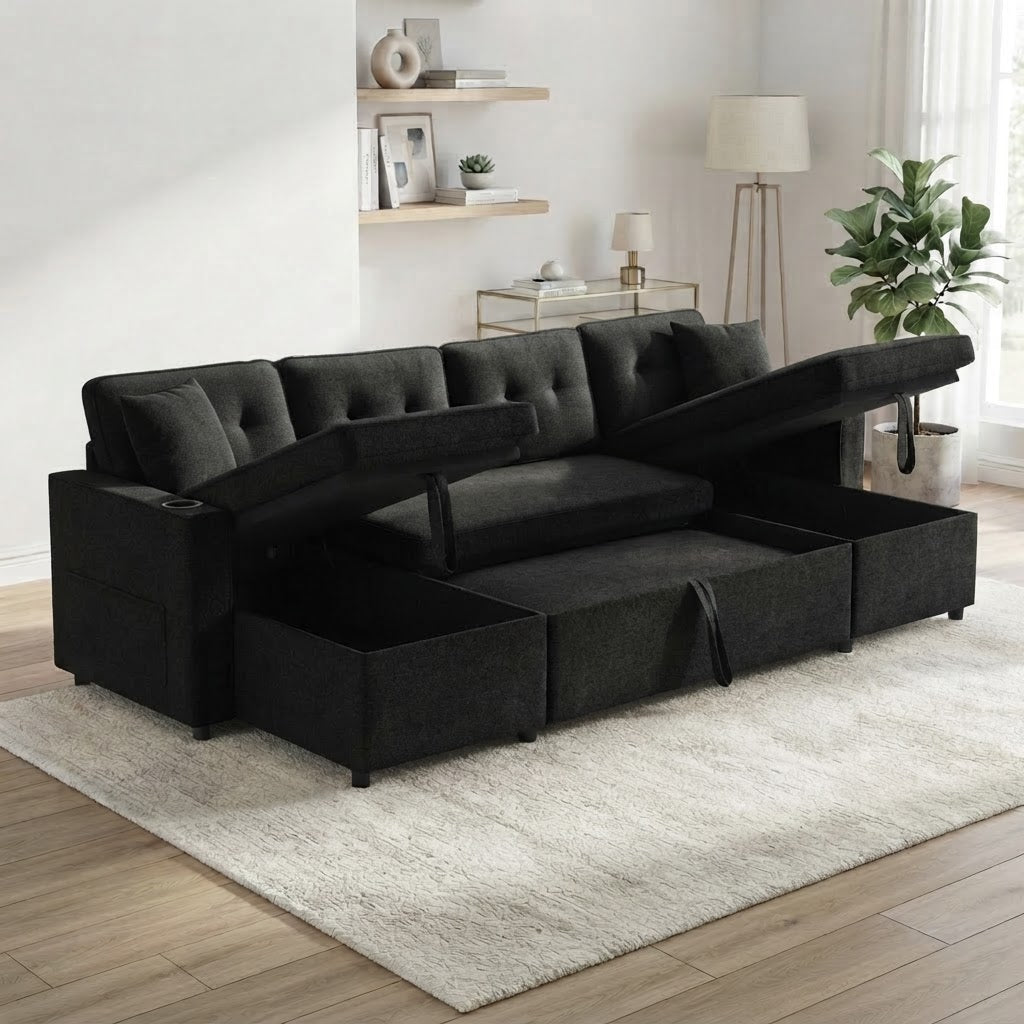 Coffres de rangement ouverts du canapé-lit en U noir