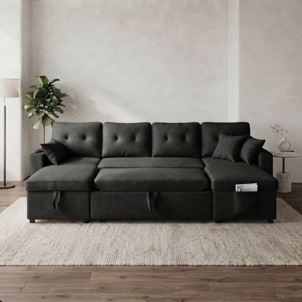 Canapé en U noir avec couchage d'appoint déplié