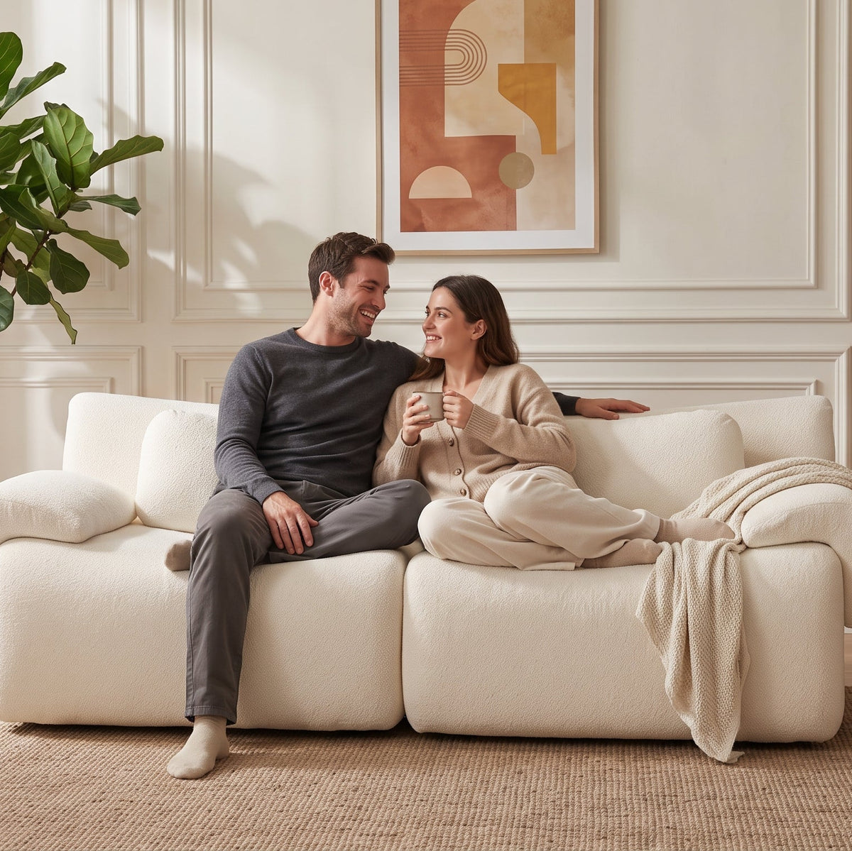 Couple assis sur le canapé modulable 2 places en chenille crème
