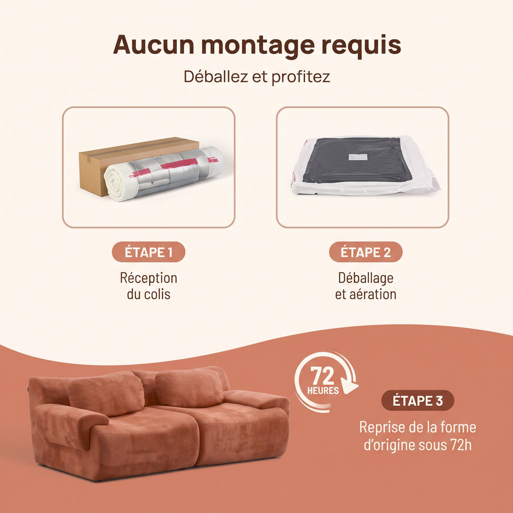 Canapé modulable livré compressé, sans montage : déballez et laissez reprendre forme 72 h