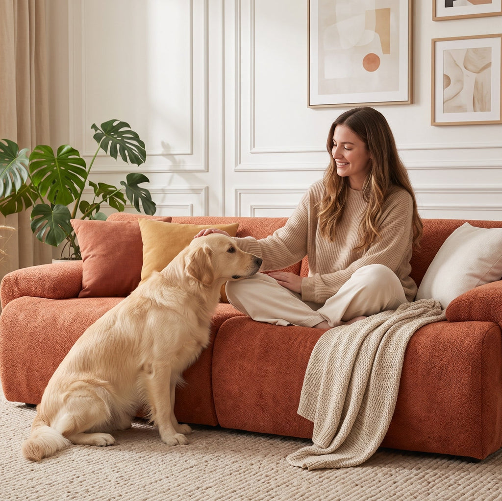 Femme et son chien sur le canapé modulable 2 places en chenille terracotta