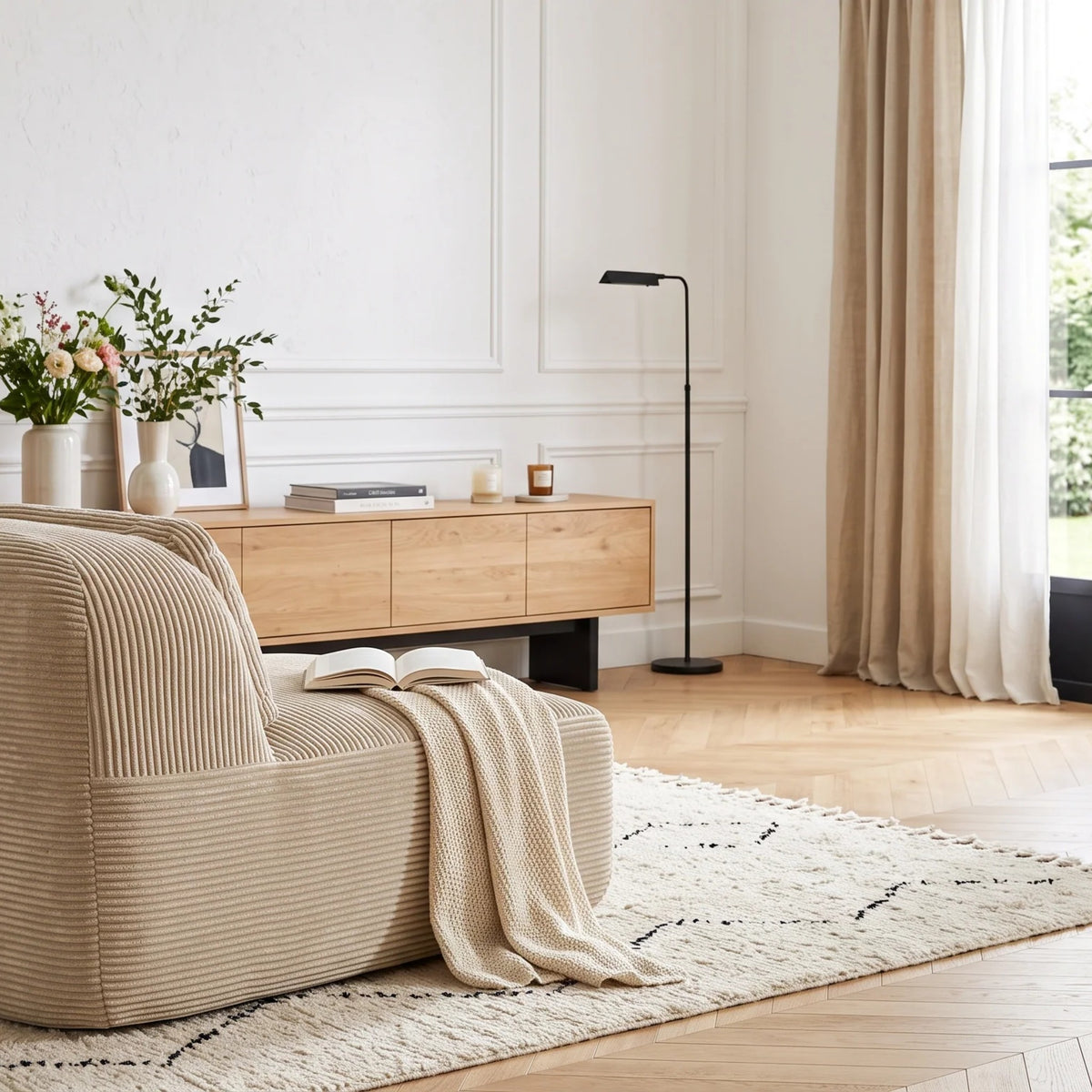 Chauffeuse sans accoudoirs beige vue de profil dans un salon