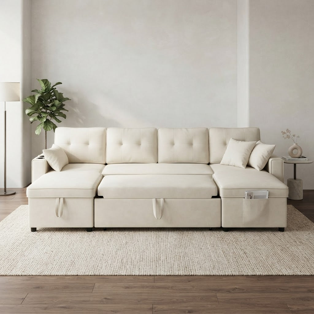 Grand canapé en U beige capitonné avec coussins décoratifs dans un salon